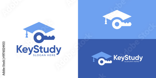 Creative simple key study logo template. Graduation hat with key symbol logo design vector illustration.