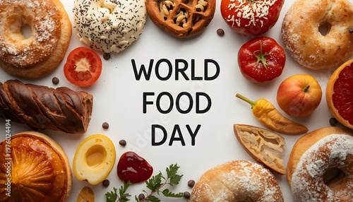 A vibrant display of food for World Food Day, featuring various baked goods and fresh fruits.
