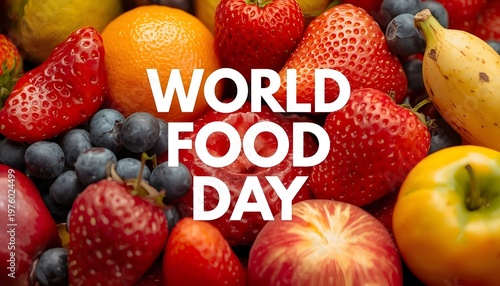 A vibrant display of fresh fruits celebrating World Food Day with strawberries, blueberries, apples, and more.