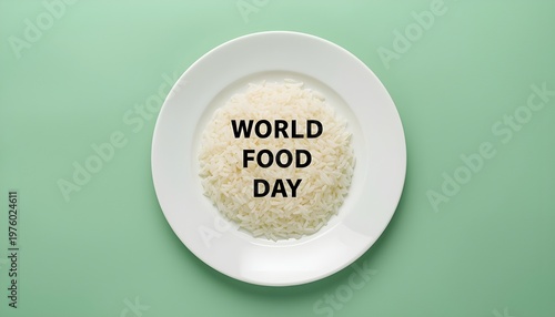 A plate of rice with the words World Food Day written on it, symbolizing global nutrition and food awareness.