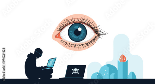 Digital surveillance concept with large eye watching anonymous hacker on laptop for cyber security and privacy threat concept.