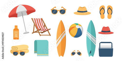 Beach accessories and equipment isolated on black background