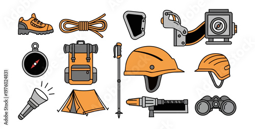 Adventure equipment icons set on black background