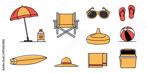 Beach essentials vector illustration set on black background