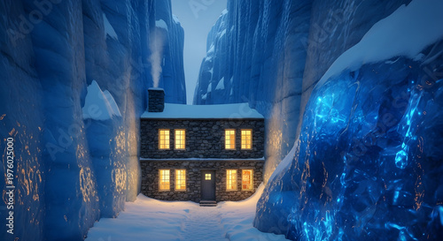 Cozy cabin in a winter wonderland illuminated retreat amidst snowy trees