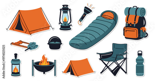 Camping equipment set outdoors recreation adventure illustration