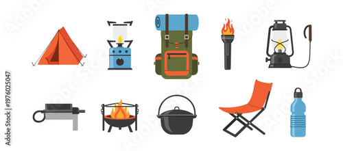 Camping equipment vector illustration set outdoors recreation concept