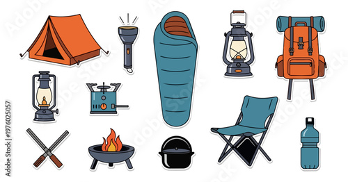 Camping equipment vector illustration set outdoors adventure survival gear