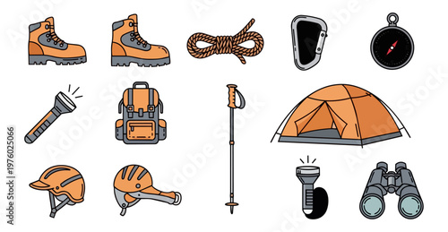 Essential hiking and outdoor gear collection illustration on black background