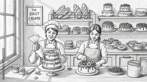 Two happy bakers decorate exquisite cakes in a bustling bakery kitchen.