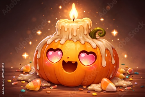 Kawaii Halloween Pumpkin Heart Eyes Melted Candle