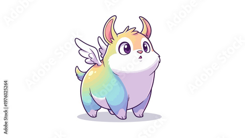 Cute Pastel Fantasy Creature with Wings and Horns Looking Up