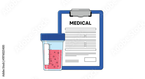 Medical lab test results on clipboard with blood sample container for health screening and clinical diagnosis concept.