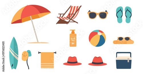 Summer beach vacation essential items isolated on black