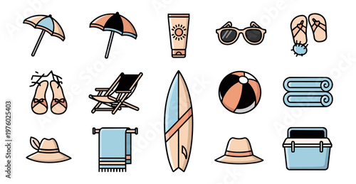 Summer beach vacation essentials collection isolated on black