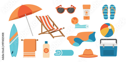 Summer beach vacation essentials collection flat design isolated