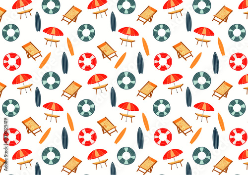 Patrón con elementos veraniegos como flotadores, sombrillas y sillas.
