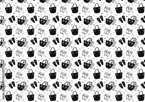 Patrón monocromático con bolsos y objetos de moda en estilo minimalista.
