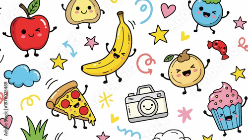 Cute cartoon characters and food doodles dancing happily on a white background.