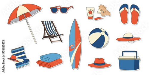 Summer beach vacation icons set elements illustration