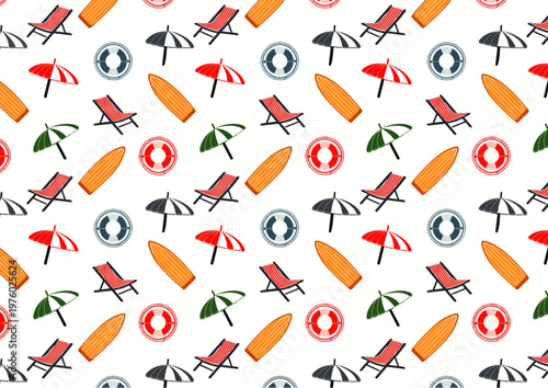 Diseño repetido con elementos de playa como flotadores, sombrillas y sillas.
