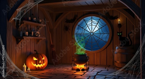 Wooden House Cellar Halloween Symbols Round Window