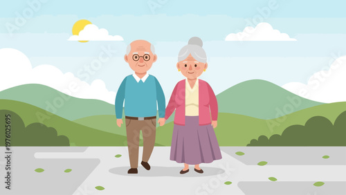 Happy elderly couple walking together and holding hands in a scenic outdoor park illustration