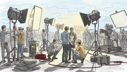 Professional film production crew working on a movie set illustration