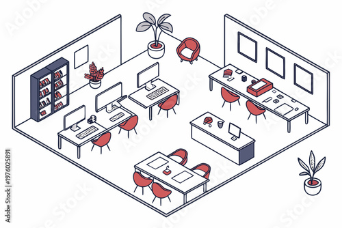 Modern open plan office workspace featuring multiple computer desks and furniture layouts depicted in a clean professional isometric vector graphic design