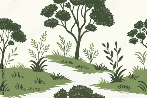Vector graphic illustration showcasing a stylized natural outdoor landscape with an array of green trees, plants, and grass design elements.