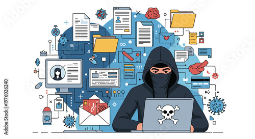 Masked cyber criminal using laptop surrounded by personal data icons and computer viruses for digital security threat concept.