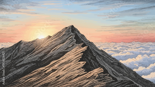 Sunrise over majestic mountain peaks with clouds below in a serene nature landscape.
