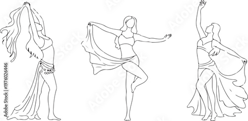 Set of woman performing belly dancing Female Dancer Line Art Set