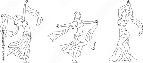 Set of woman performing belly dancing Female Dancer Line Art Set