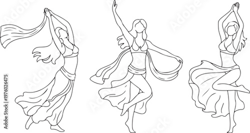 Set of woman performing belly dancing Female Dancer Line Art Set