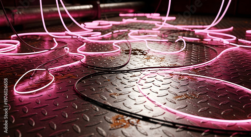 Neon pink lights on a metallic surface an abstract artistic display