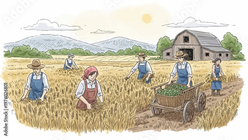 Farmers harvesting wheat in a traditional rural agricultural field