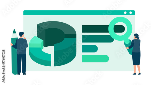 Marketing budget management and data analysis with business people using magnifying glass for strategy optimization and financial resource allocation in modern office