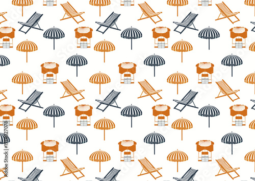 Patrón repetido con sombrillas y sillas de playa en estilo veraniego colorido.
