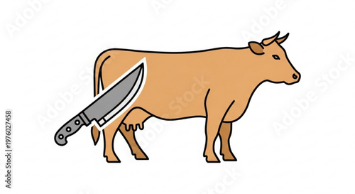 Brown cow with large knife stuck in its side standing alone on white background symbolizing meat industry and animal sacrifice