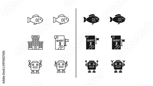 Abstract Icon Set: A collection of simple icons for fish, building, robot and quest in clean and clear lines. Suitable for web or printing. 