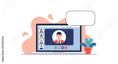 Business video conference call on laptop screen with multiple participants and speech bubble for remote meeting concept.