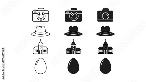Iconic Assortment: A diverse collection of illustrated icons, encompassing a camera, a distinguished hat, a steeple-adorned church, and a single egg.