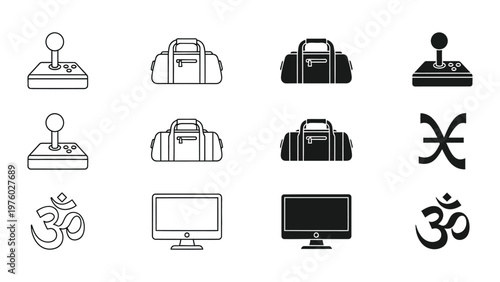 Modern Collection: Diverse array of objects and icons for contemporary digital interfaces. featuring objects like video game controller, bags, computer monitor, and spiritual symbols.