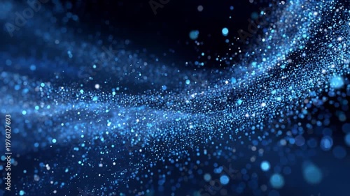 Blue water drops on a blue abstract background create a winter snowflake pattern with Christmas stars and glitter particles in a holiday night sky design