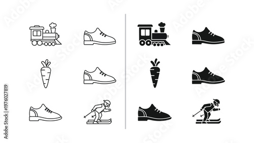 Activity Icons Set:  A collection of illustrated activity icons, perfect for representing diverse pastimes, hobbies and lifestyles. Featuring train, shoe, carrot and skier symbols. 