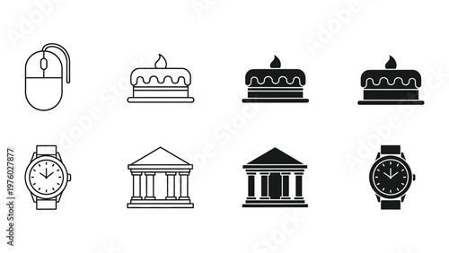 Diverse Collection of Symbols and Icons: A curated arrangement of symbolic elements, including computer mouse, cakes, watch, and neoclassical building, rendered in a clean and minimal aesthetic.