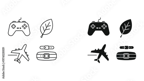 Photos Gaming, Travel, and Nature: A collection of minimalist illustrations, cleverly juxtaposing a game controller, leaf, airplane, and watch, suggesting a harmonious blend of technology, travel