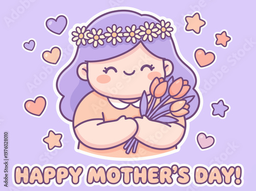 Happy Mother's Day. Delightful cartoon character illustration of a smiling girl adorned with a flower crown, happily embracing a fresh bouquet of colorful tulips, symbolizing affection and joy