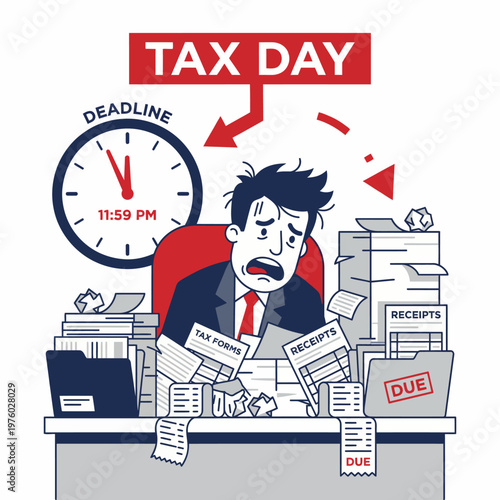 Stressed Businessman Drowning in Paperwork and Tax Forms on Tax Day Deadline
